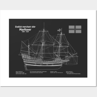 Mayflower plans. America 17th century Pilgrims ship - PDpng Posters and Art